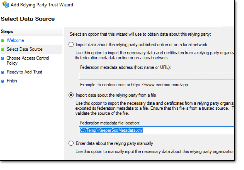 Import data - Federation metadata file location