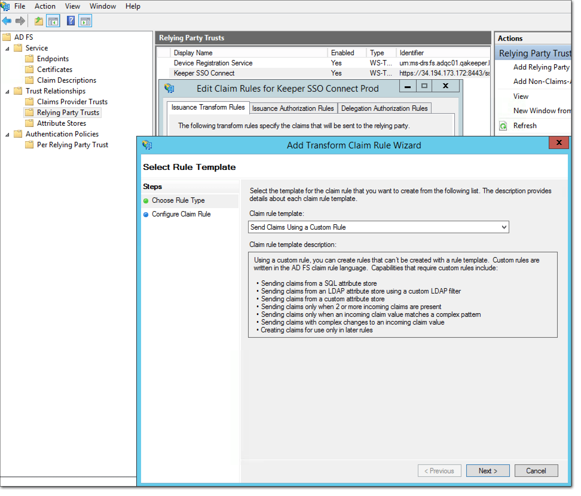 Send Claims using a Custom Rule